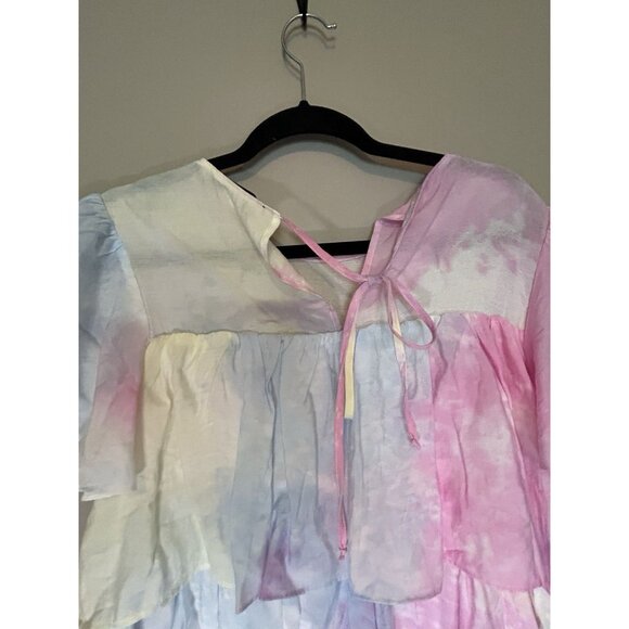 English Factory Tie Dye Pastel A Line Dress Tiered Ruffle Mini Dress Pink XS - Picture 6 of 8
